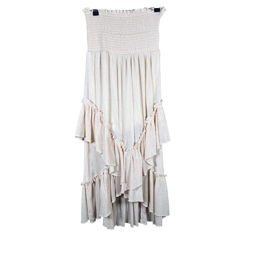 Life Women Small Cream Smocked Tiered Ruffle Boho Maxi Skirt Strapless Dress